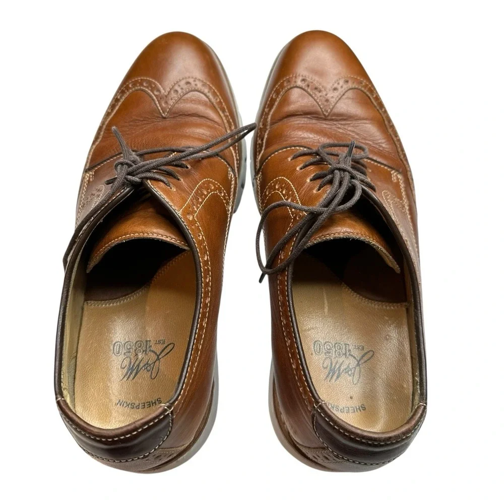 Johnston Murphy Martell Wingtip Dress Shoes Camel Tan Sheepskin Leather Mens 9.5
